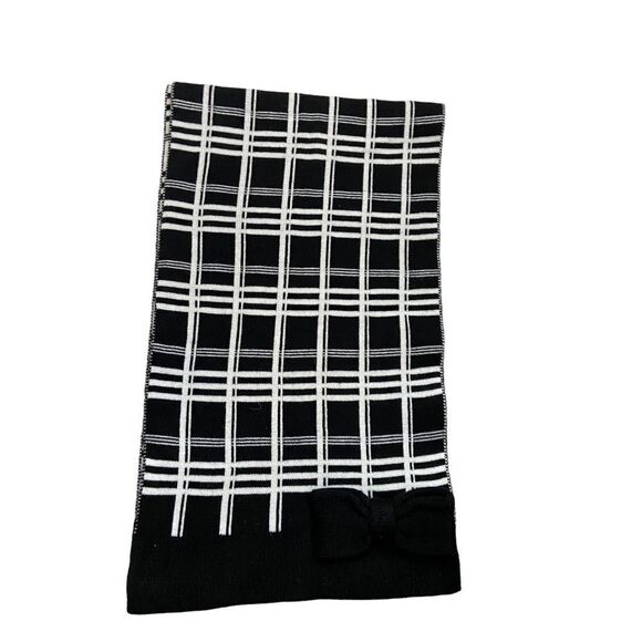 Kate Spade Black and White Plaid Knit Scarf with Bow Detail - Picture 1 of 8